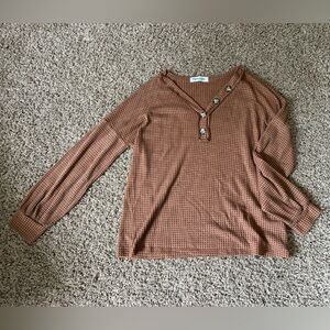 Impressions Brown Textured Blouse with Button Accents